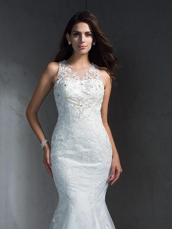 Applique Long Sleeveless Scoop Trumpet/Mermaid Lace Wedding Dresses