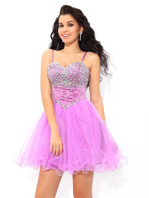 A-Line/Princess Spaghetti Homecoming Dresses Yaritza Straps Paillette Sleeveless Short Net Cocktail Dresses