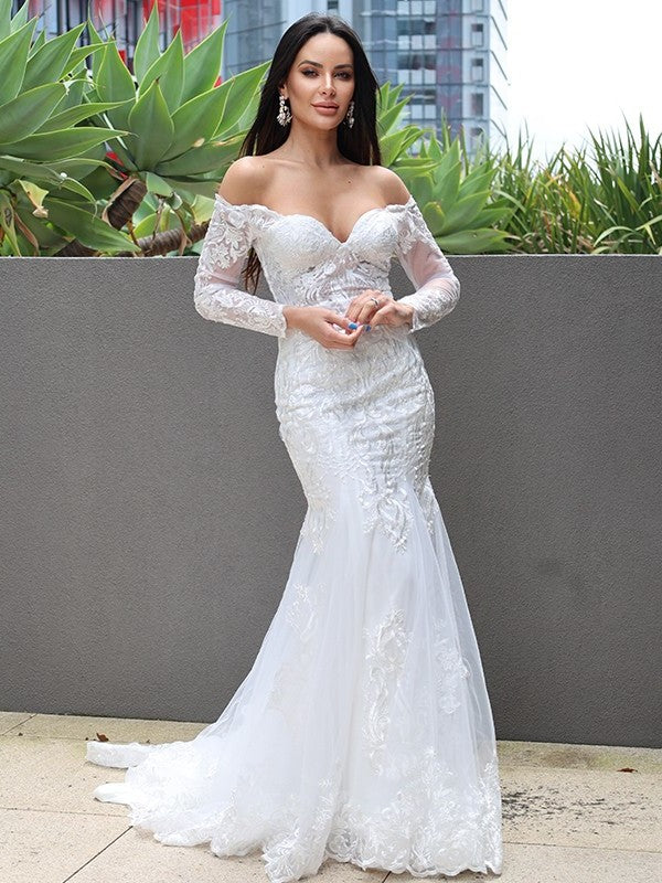 Sweep/Brush Applique Off-the-Shoulder Sleeves Long Trumpet/Mermaid Tulle Train Wedding Dresses