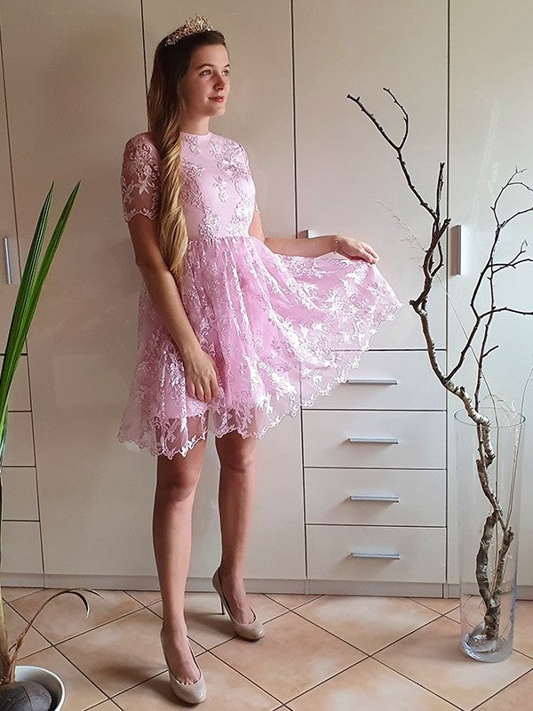 Applique Short Neck A-Line/Princess Organza Sleeves Sheer Short/Mini Homecoming Dresses