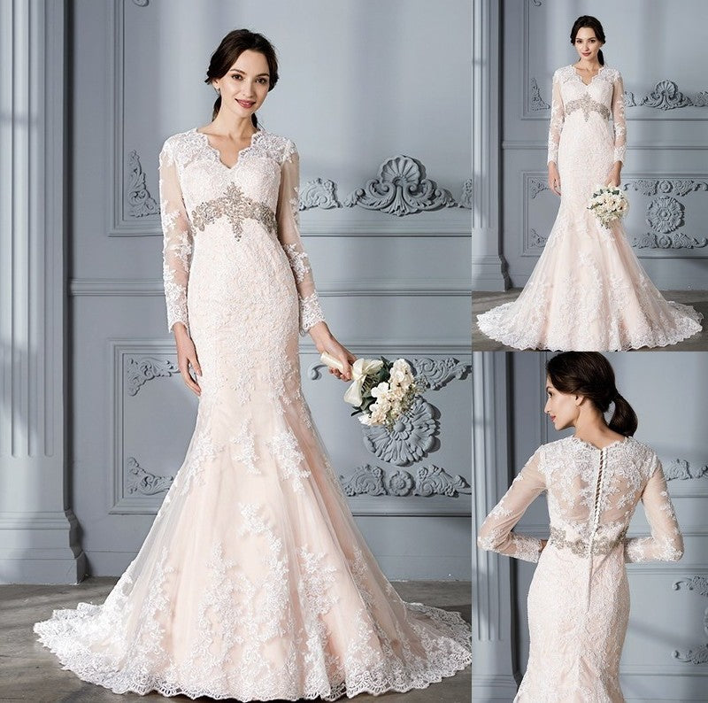 V-Neck Sweep/Brush Train Long Trumpet/Mermaid Beading Sleeves Tulle Wedding Dresses