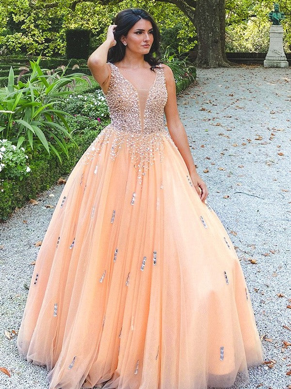 Gown V-neck Ball Beading Tulle Sleeveless Floor-Length Dresses