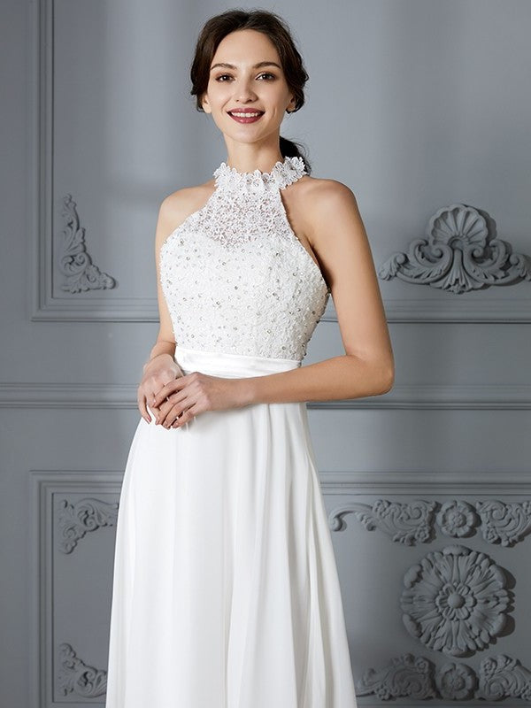 Scoop Sleeveless A-Line/Princess Floor-Length Chiffon Wedding Dresses