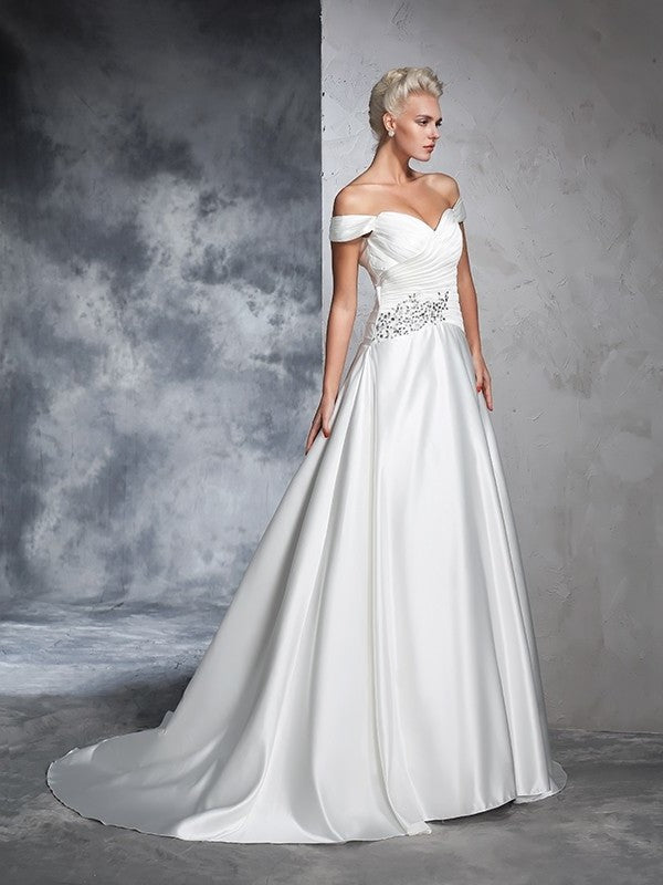 Off-the-Shoulder Long Sleeveless Gown Ruched Ball Taffeta Wedding Dresses