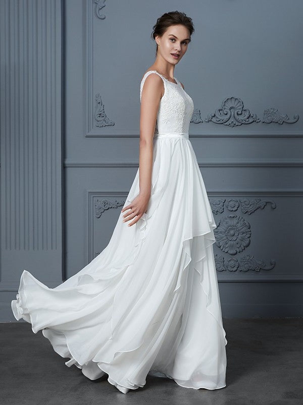 Ruffles Sleeveless A-Line/Princess Scoop Floor-Length Chiffon Wedding Dresses