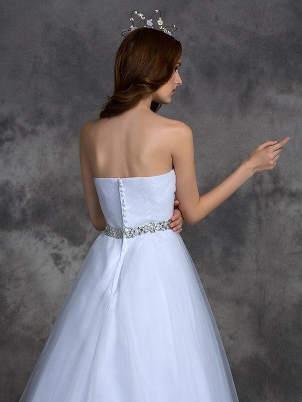 Long A-line/Princess Sleeveless Beading Sweetheart Satin Wedding Dresses