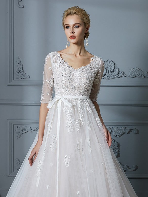 Gown 1/2 Lace Train V-neck Ball Sleeves Court Tulle Wedding Dresses