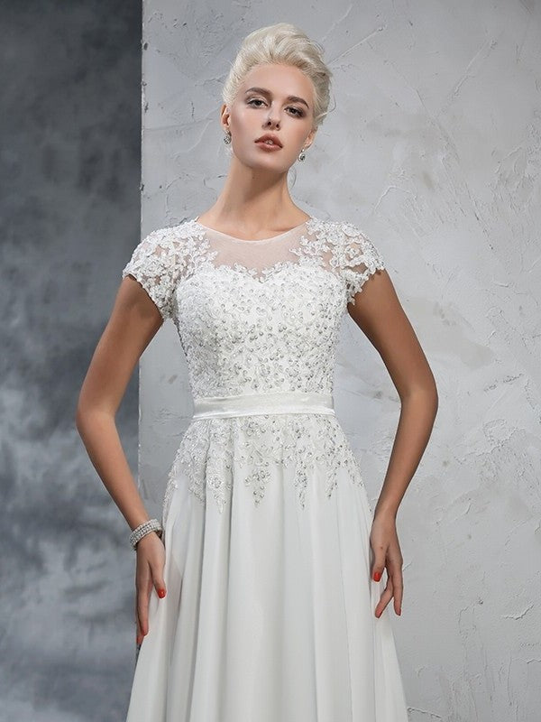 Neck Short Applique A-Line/Princess Long Sheer Sleeves Chiffon Wedding Dresses