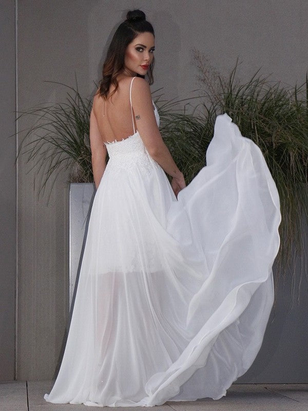 Sweep/Brush Chiffon Sleeveless V-neck A-Line/Princess Applique Train Wedding Dresses