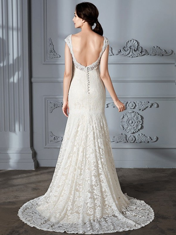 Sleeveless Sweep/Brush V-Neck Lace Trumpet/Mermaid Train Wedding Dresses