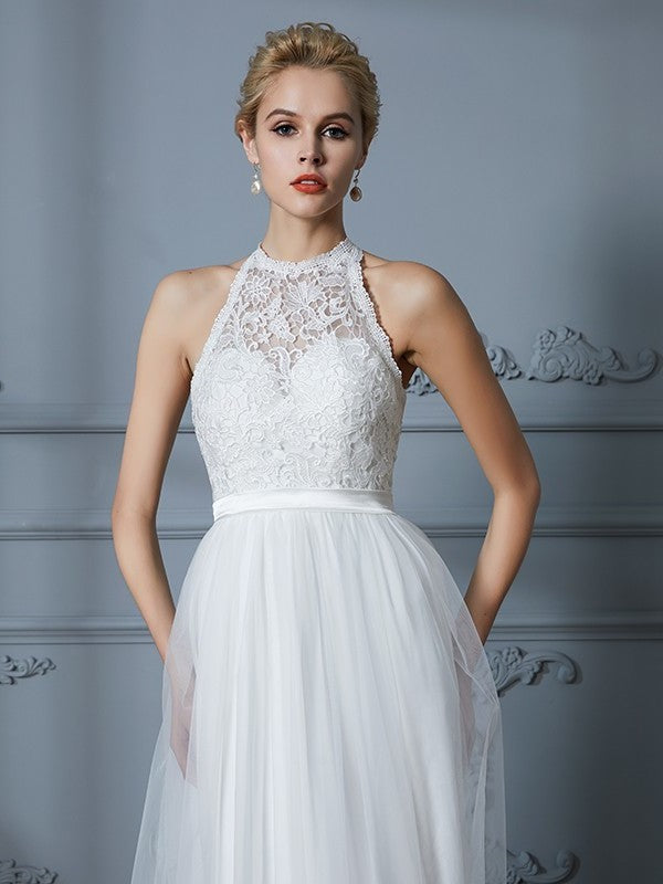 A-Line/Princess Scoop Tulle Sleeveless Floor-Length Wedding Dresses