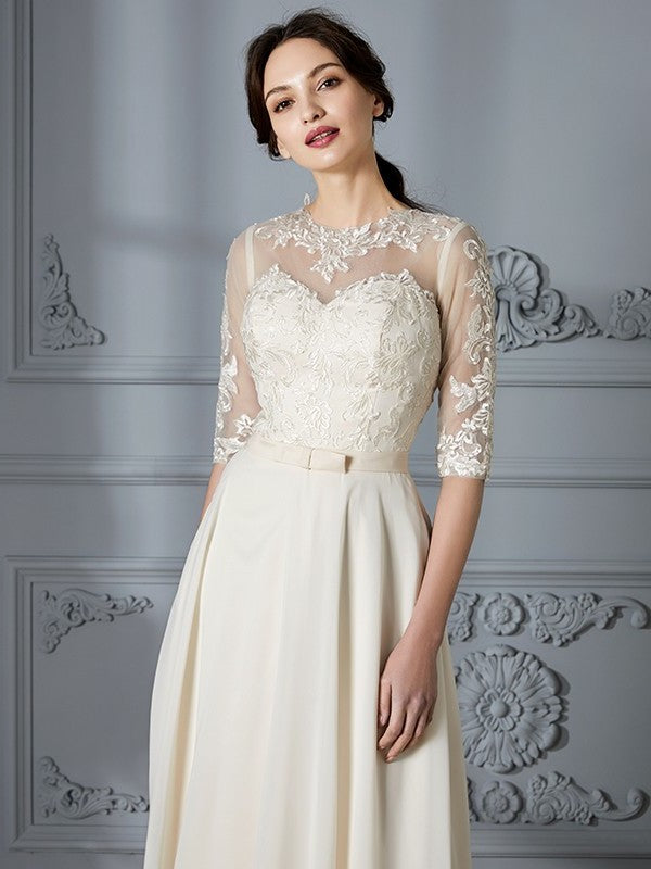 Floor-Length Scoop A-Line/Princess 1/2 Sleeves Chiffon Wedding Dresses