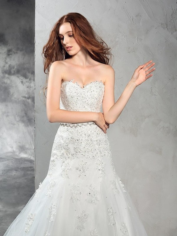 Sleeveless Long Sheath/Column Sweetheart Applique Satin Wedding Dresses