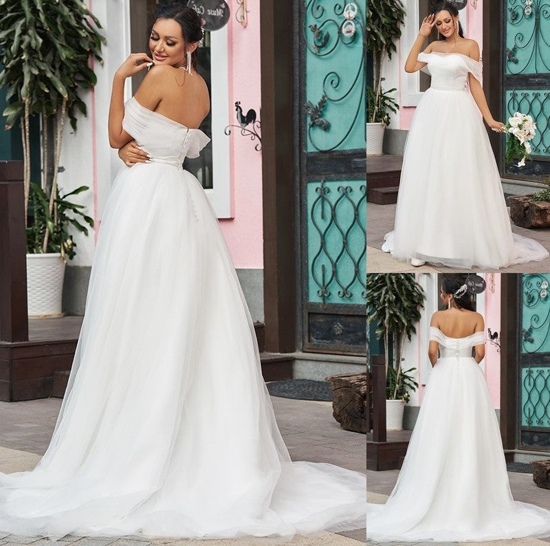 Sweep/Brush Sleeveless Off-the-Shoulder Ruffles A-Line/Princess Tulle Train Wedding Dresses