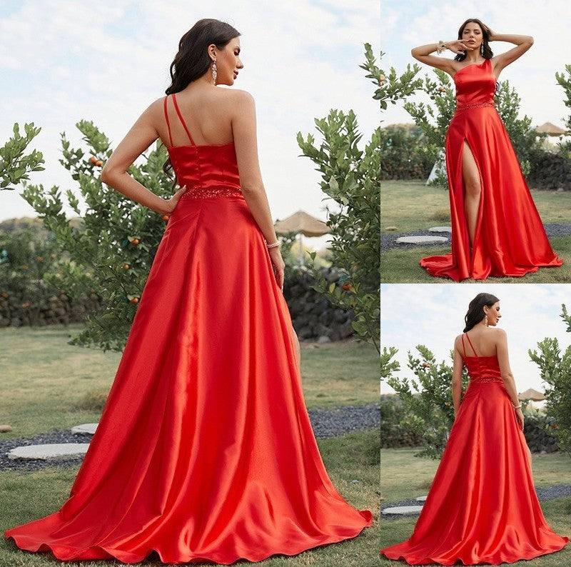 One-Shoulder A-Line/Princess Satin Sleeveless Elastic Ruffles Woven Sweep/Brush Train Dresses