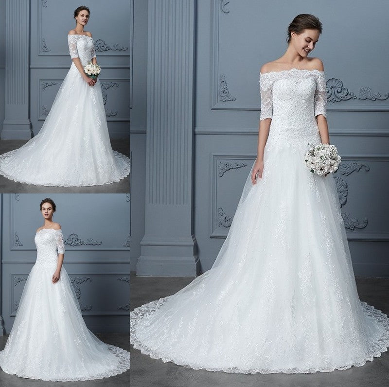 Ball Court Sleeves 1/2 Off-the-Shoulder Gown Train Beading Lace Wedding Dresses