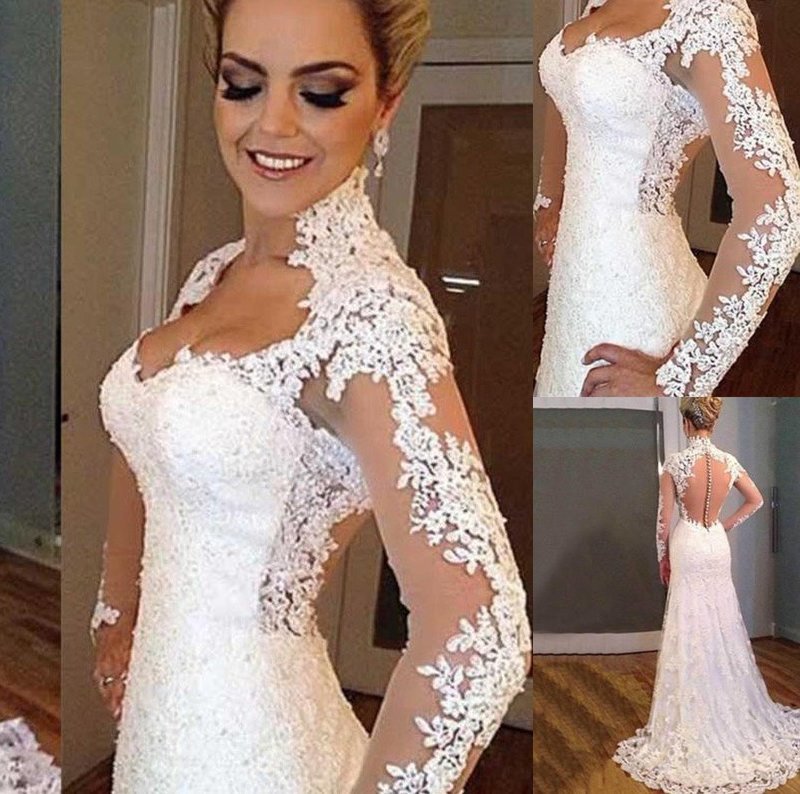 Applique Sleeves Train Sweep/Brush Trumpet/Mermaid Long V-neck Lace Wedding Dresses