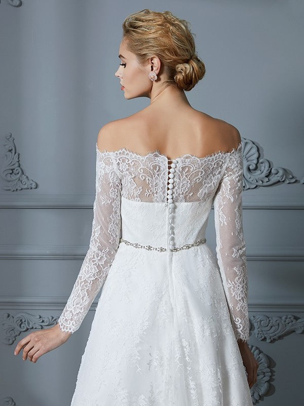 Sleeves Long A-Line/Princess Asymmetrical Off-the-Shoulder Lace Wedding Dresses