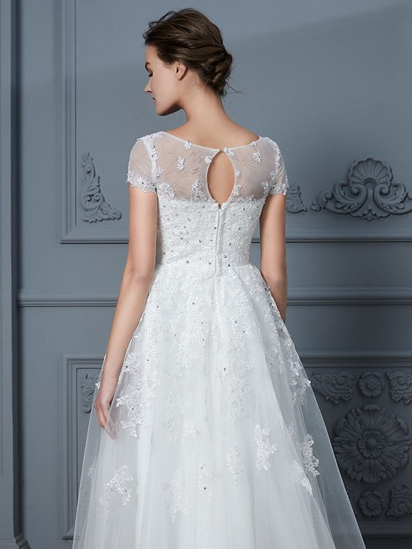 Tea-Length Scoop Short A-Line/Princess Sleeves Beading Tulle Wedding Dresses