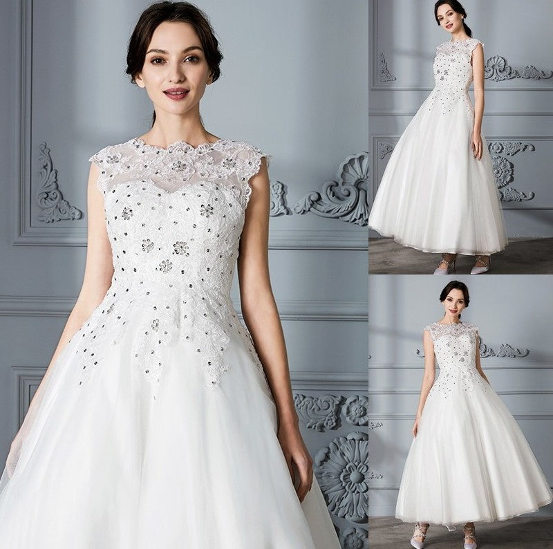 Gown Sleeveless Tea-Length Ball Scoop Tulle Wedding Dresses