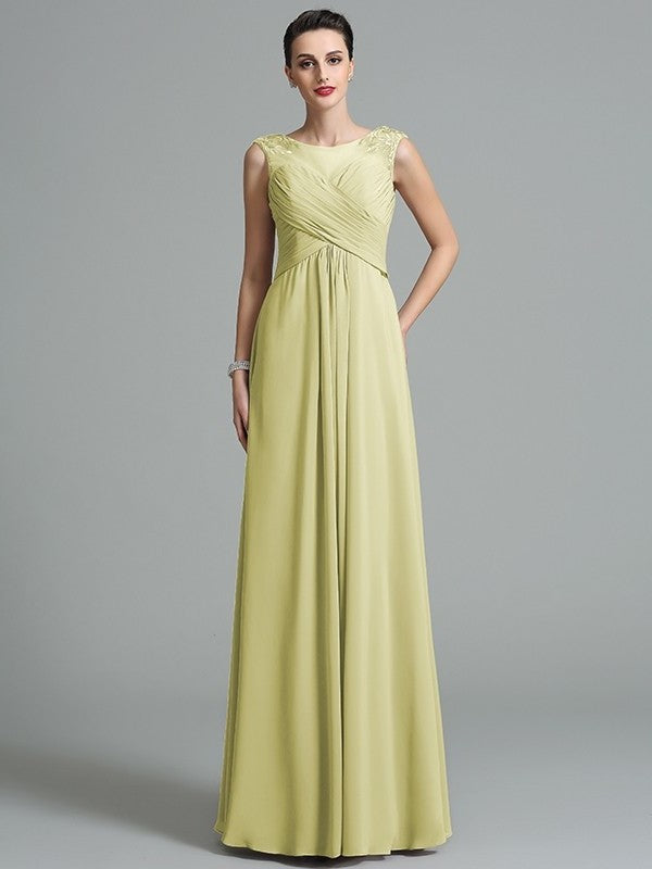 Long Sleeveless A-Line/Princess Ruched Scoop Chiffon Bridesmaid Dresses