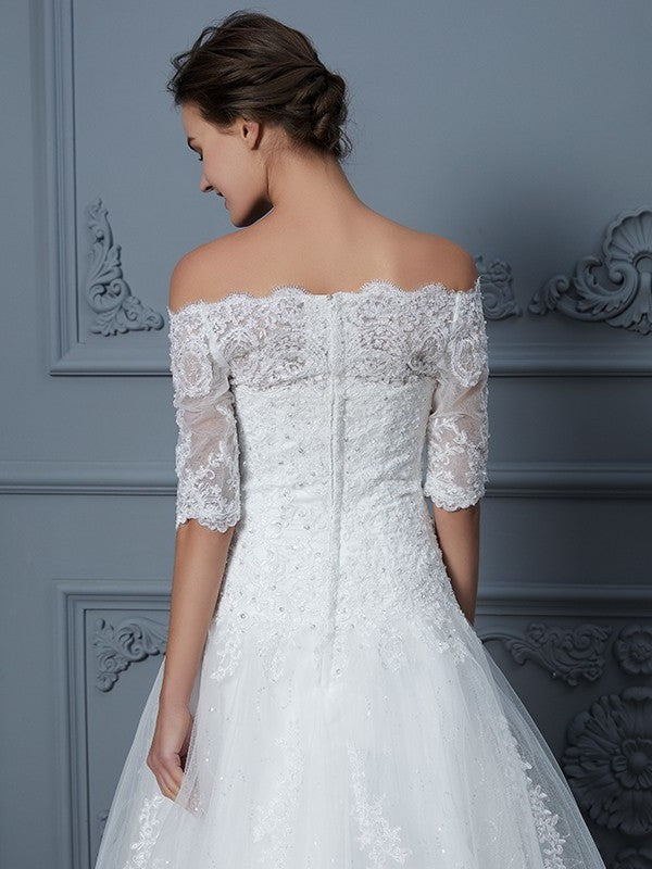 Ball Court Sleeves 1/2 Off-the-Shoulder Gown Train Beading Lace Wedding Dresses