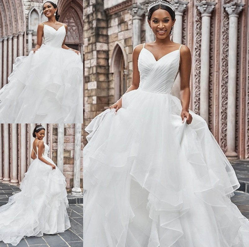 Ruffles Straps Tulle Sleeveless A-Line/Princess Spaghetti Sweep/Brush Train Wedding Dresses