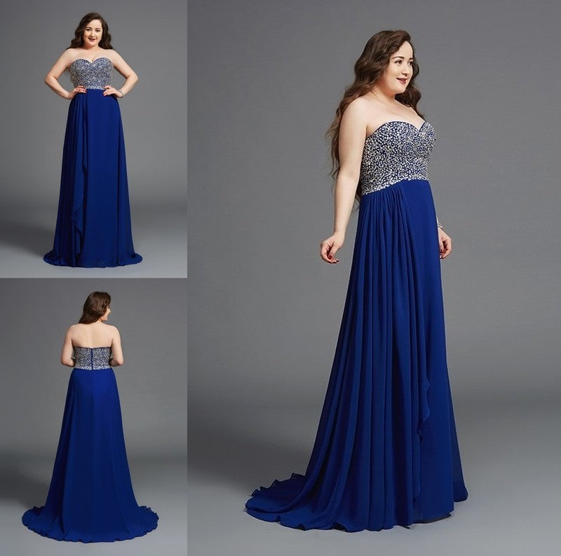 Chiffon Long Sleeveless Rhinestone Sweetheart A-Line/Princess Plus Size Dresses