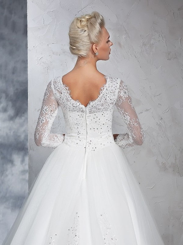 Ball Sleeves Long Bateau Gown Lace Long Net Wedding Dresses