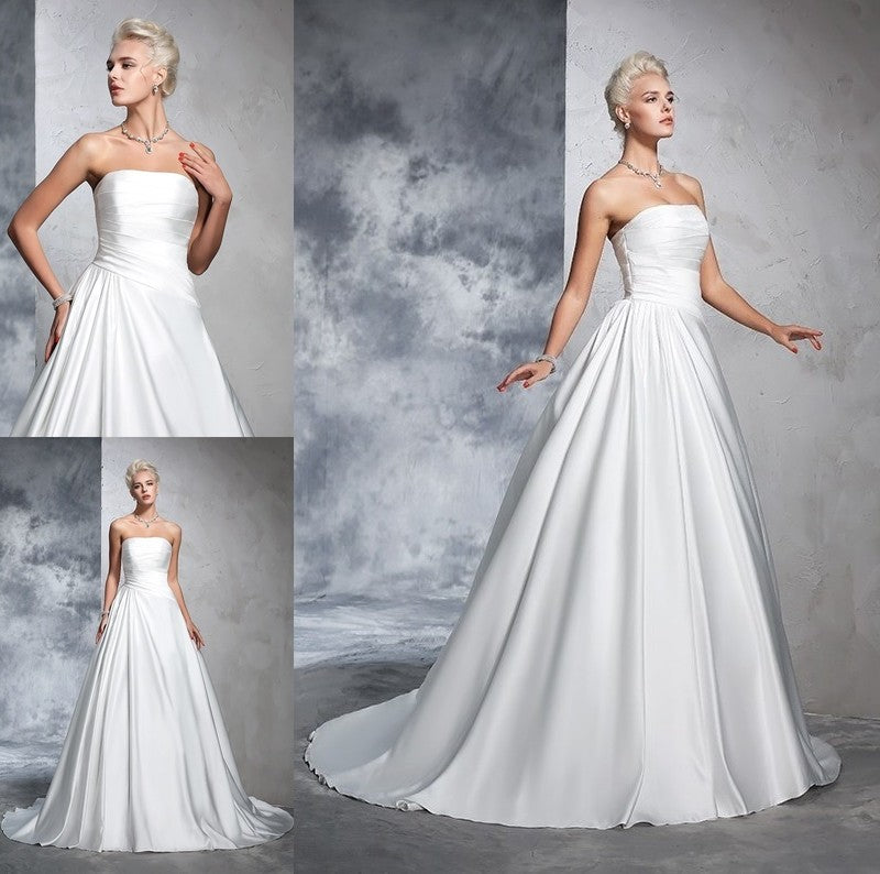 Sleeveless Ball Ruched Long Gown Strapless Satin Wedding Dresses