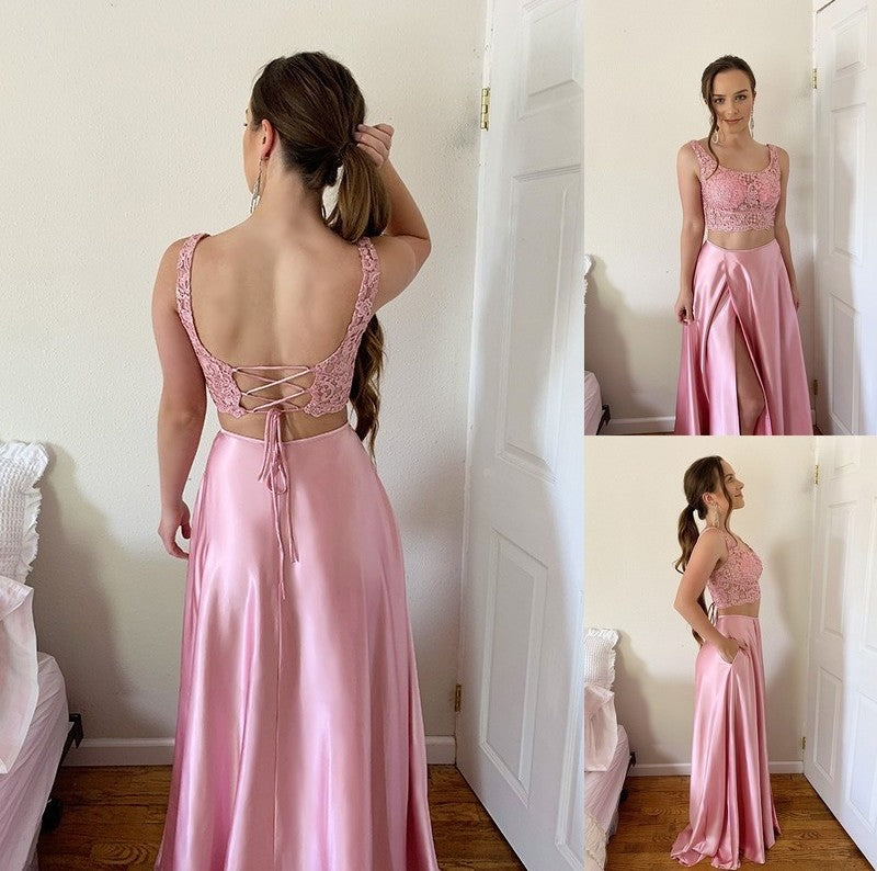 Satin Square Applique Train A-Line/Princess Sweep/Brush Silk like Sleeveless Two Piece Dresses