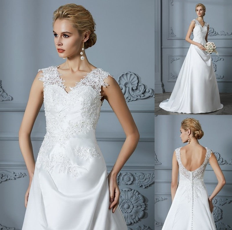 A-Line/Princess V-neck Sleeveless Sweep/Brush Applique Train Satin Wedding Dresses