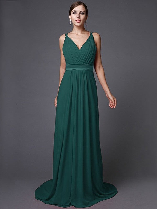 A-Line/Princess Long Sleeveless V-neck Ruffles Chiffon Bridesmaid Dresses