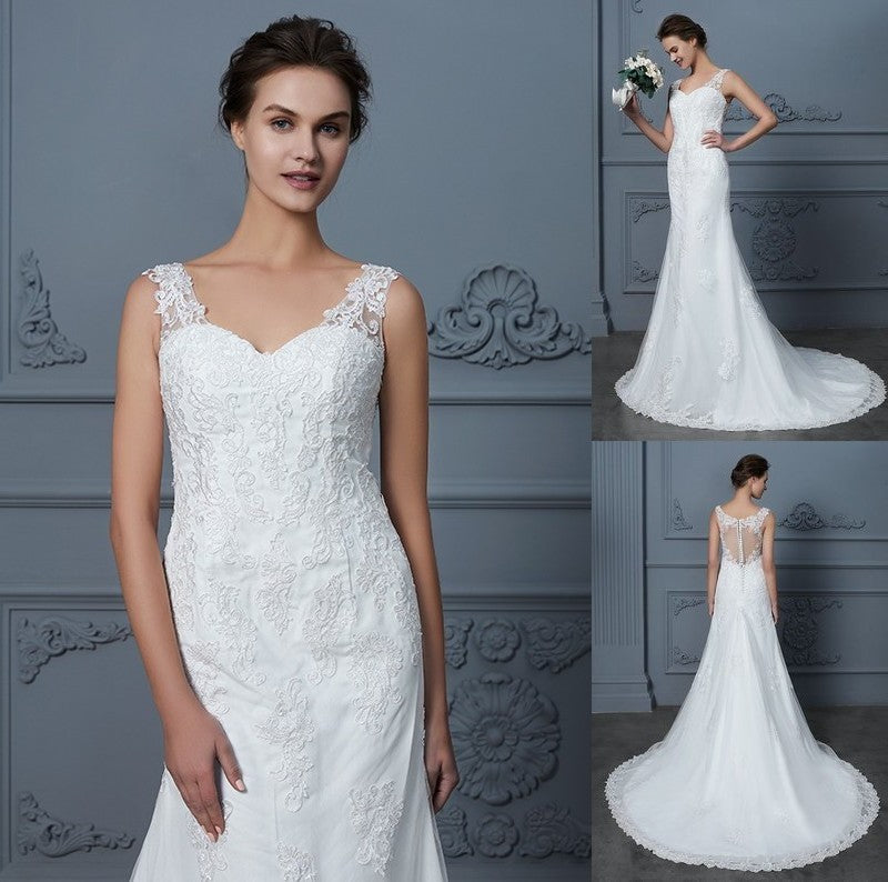 Lace Court Trumpet/Mermaid Sleeveless V-neck Train Tulle Wedding Dresses