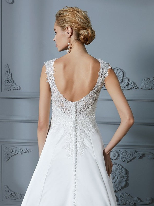 A-Line/Princess V-neck Sleeveless Sweep/Brush Applique Train Satin Wedding Dresses