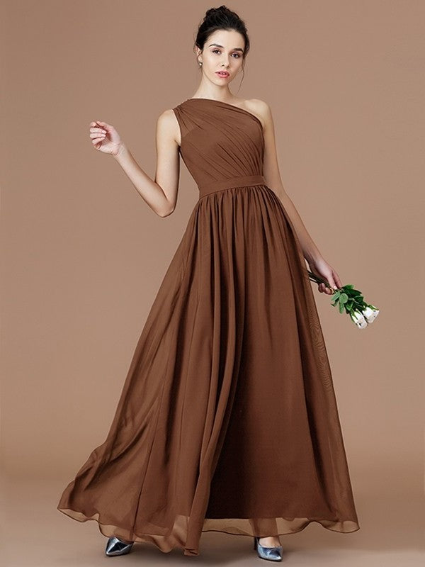 One-Shoulder Sleeveless A-Line/Princess Ruched Floor-Length Chiffon Bridesmaid Dresses