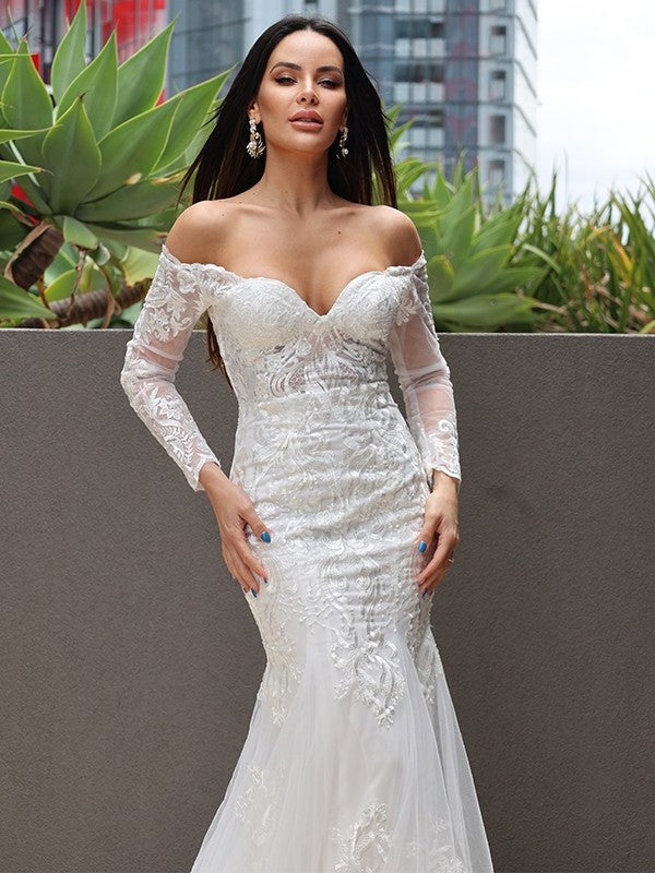 Sweep/Brush Applique Off-the-Shoulder Sleeves Long Trumpet/Mermaid Tulle Train Wedding Dresses