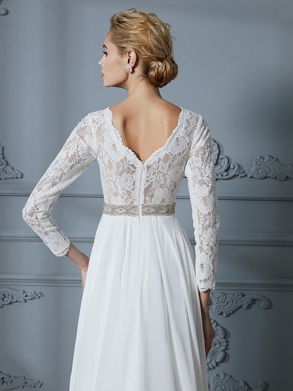 Lace V-neck Sweep/Brush A-Line/Princess Train Sleeves 3/4 Chiffon Wedding Dresses