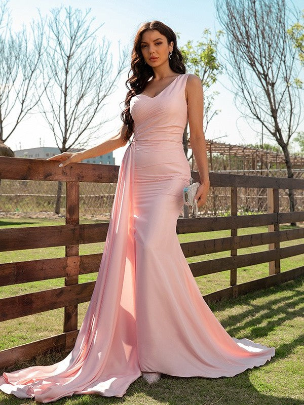 Silk like Sleeveless One-Shoulder Ruched Sheath/Column Satin Sweep/Brush Train Dresses