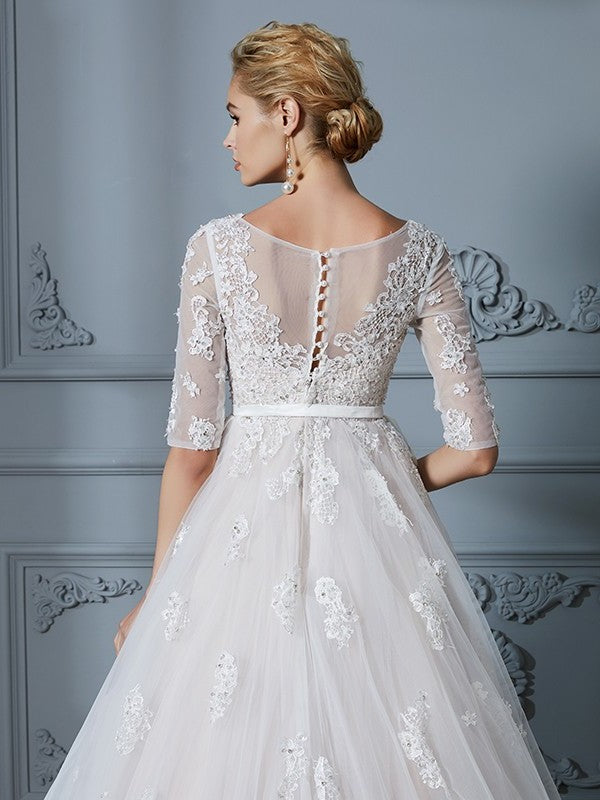 Gown 1/2 Lace Train V-neck Ball Sleeves Court Tulle Wedding Dresses