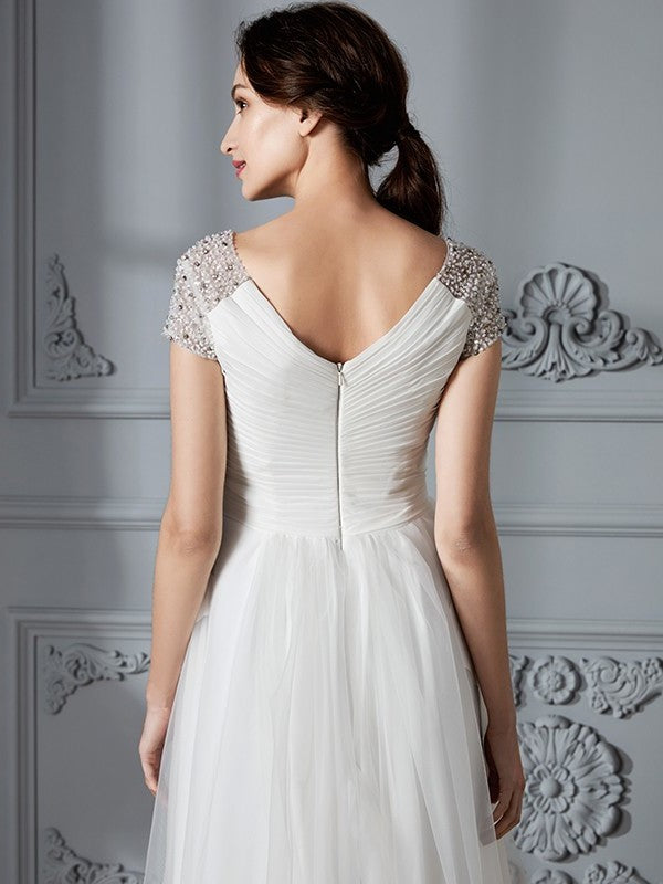 Asymmetrical Short V-neck A-Line/Princess Sleeves Tulle Wedding Dresses