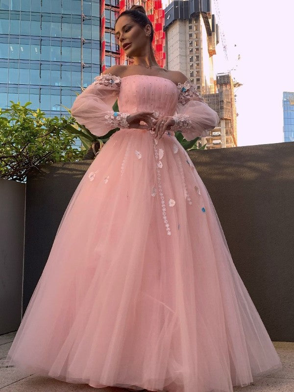 Gown Flower Sleeves Hand-Made Ball Long Tulle Off-the-Shoulder Floor-Length Dresses