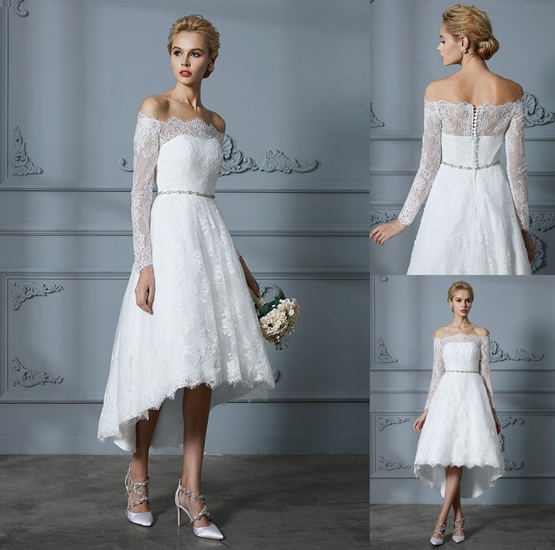 Sleeves Long A-Line/Princess Asymmetrical Off-the-Shoulder Lace Wedding Dresses