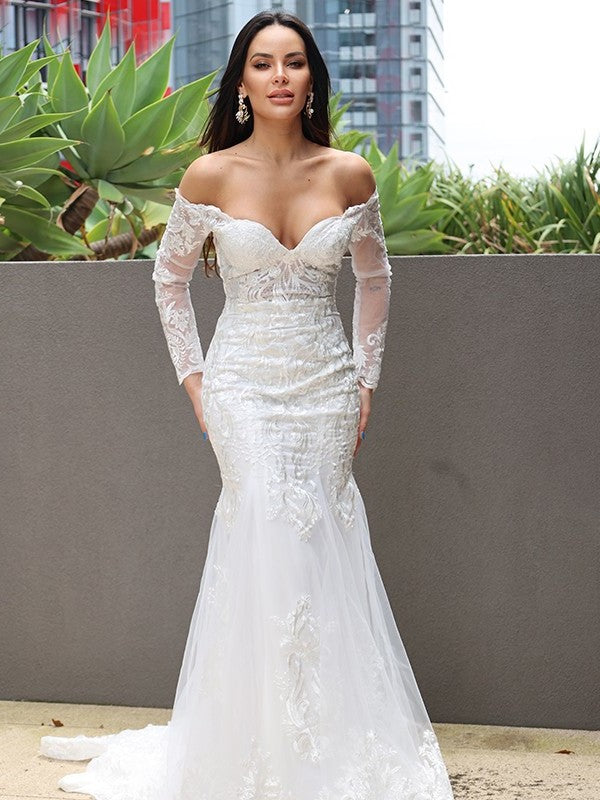 Sweep/Brush Applique Off-the-Shoulder Sleeves Long Trumpet/Mermaid Tulle Train Wedding Dresses