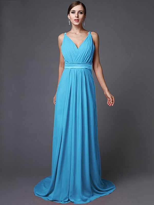 A-Line/Princess Long Sleeveless V-neck Ruffles Chiffon Bridesmaid Dresses