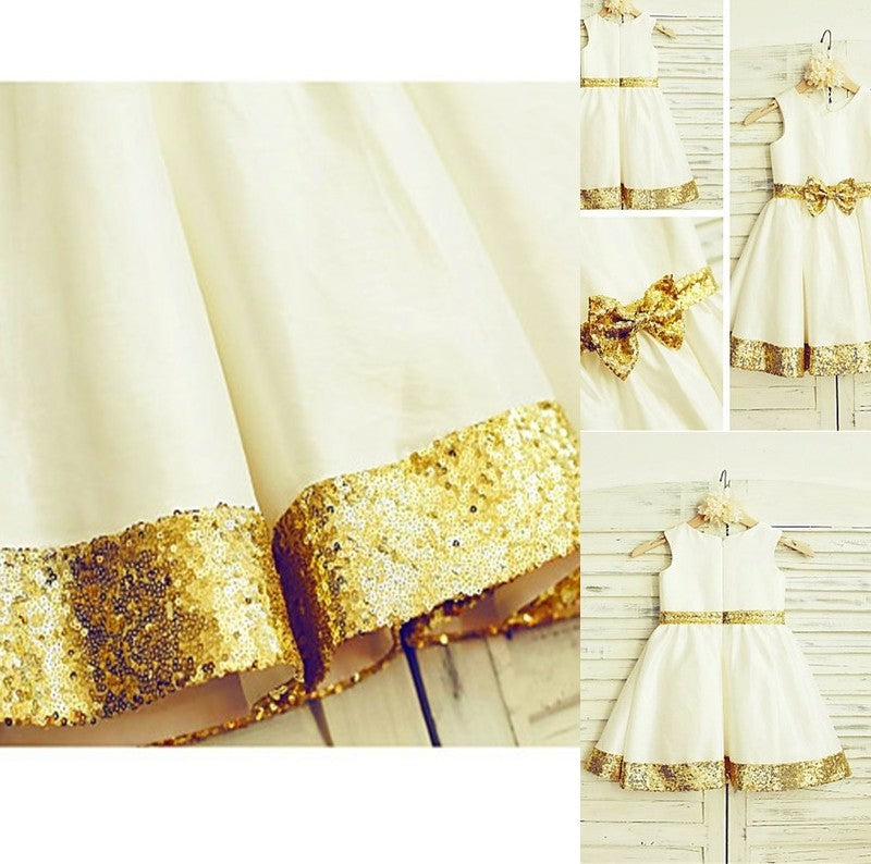 Tea-Length Sleeveless A-line/Princess Scoop Sequin Satin Flower Girl Dresses