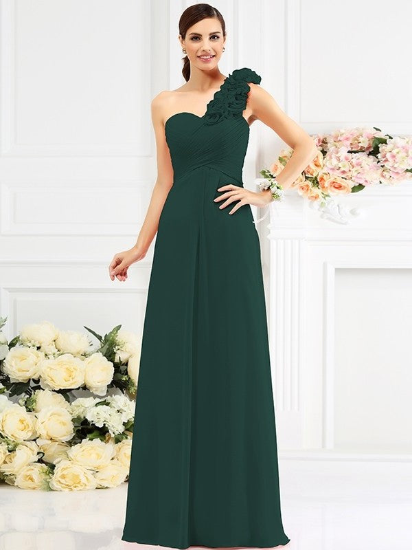 Hand-Made One-Shoulder A-Line/Princess Sleeveless Long Flower Chiffon Bridesmaid Dresses