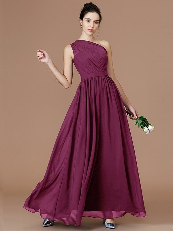 One-Shoulder Sleeveless A-Line/Princess Ruched Floor-Length Chiffon Bridesmaid Dresses