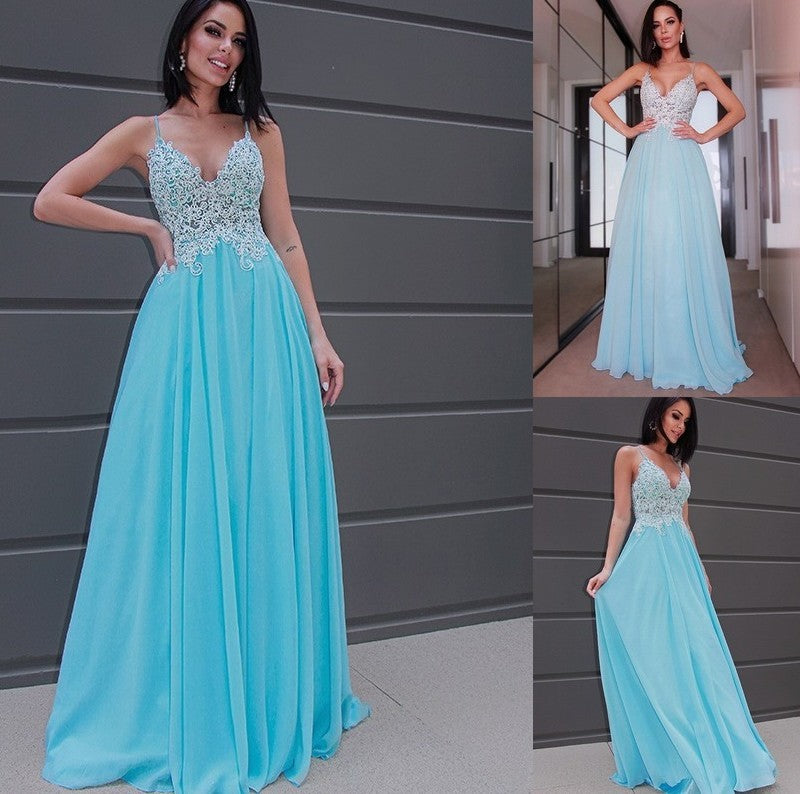 Sleeveless V-neck Chiffon Applique A-Line/Princess Sweep/Brush Train Dresses