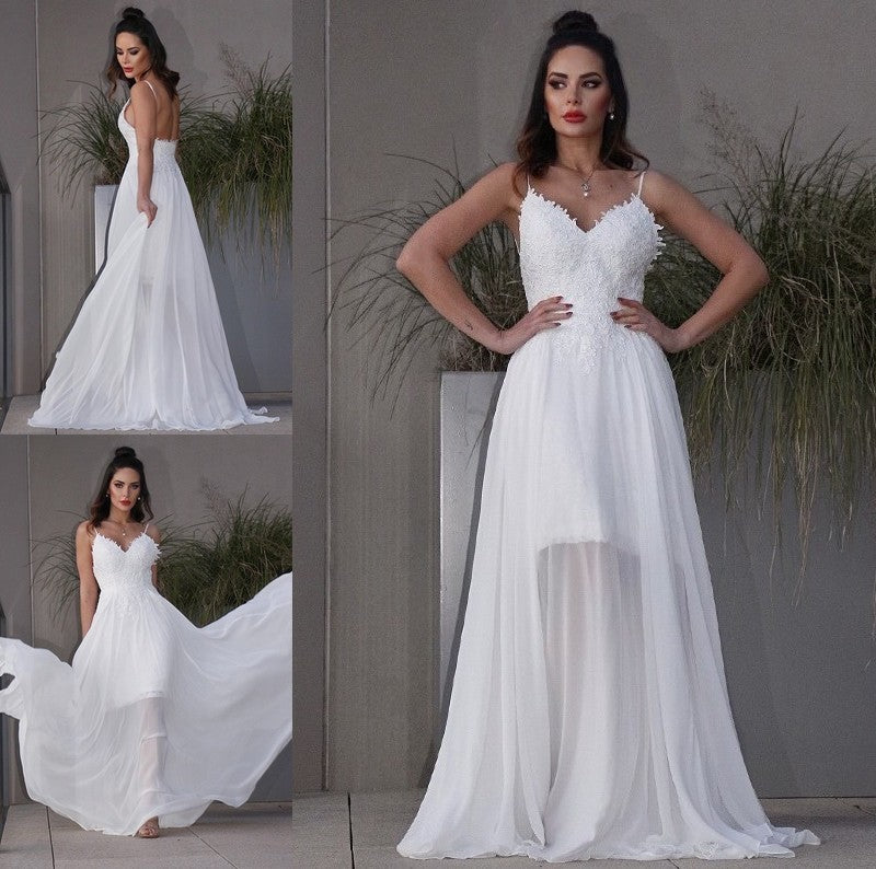 Sweep/Brush Chiffon Sleeveless V-neck A-Line/Princess Applique Train Wedding Dresses